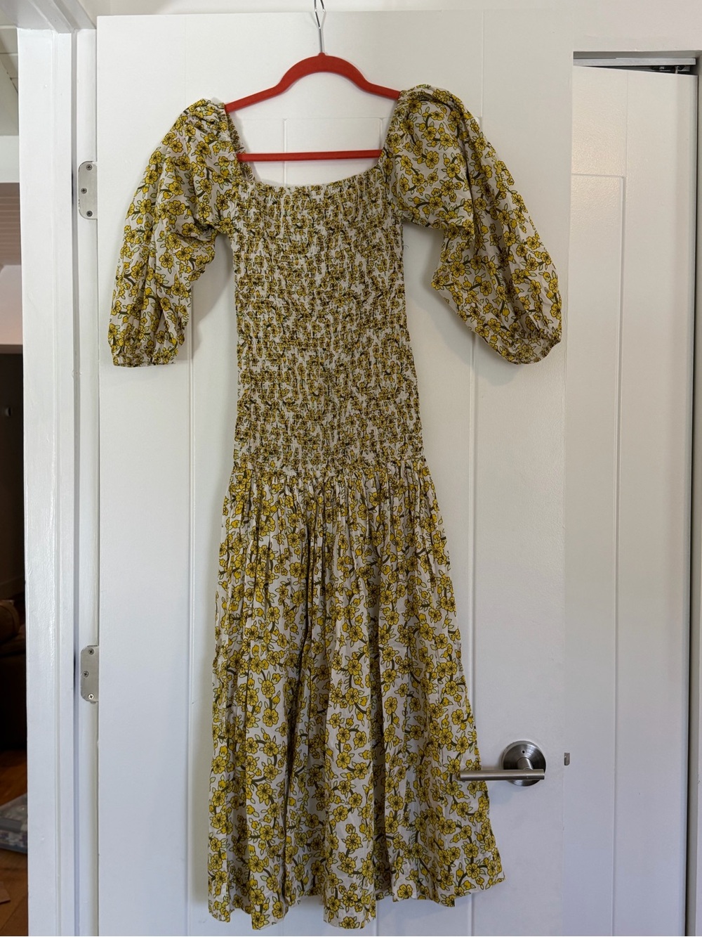 Rhode Smocked Puff-Sleeve Midi Dress in Mustard Floral